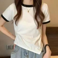[라일리여성의류] Rly 여성 사선 옆꼬임 크롭 반팔티 면 끈나시