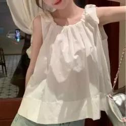 [하프클럽/]셔링 리본 프릴 여성 블라우스 플레어 나시 상의 A라인 민소매