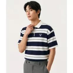 SATUR 아페로 스트라이프 피케 반팔 티셔츠 네이비