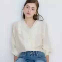 아워호프 브이넥 러플 핀턱 블라우스 - Cream 1480880