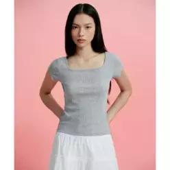 MUSINSA STANDARD WOMAN 우먼즈 포인텔 스퀘어 넥 캡 슬리브 티셔츠 [멜란지 그레이]