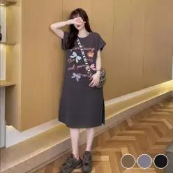 [라일리여성의류] Rly 리본 영문 오버핏 트임 루즈핏 롱 원피스 반팔 미니