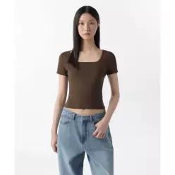MUSINSA STANDARD WOMAN 우먼즈 슬림 스퀘어 넥 티셔츠 [다크 브라운]