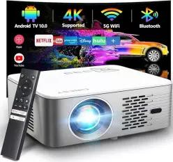 프로젝터 4K 지원, 5G Wi-Fi 블루투스, CIBEST 안드로이드 TV 10 네이티브 1080P 풀 실드 광학 엔진 홈 무