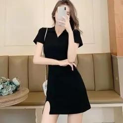 [라일리여성의류] Rly 블랙 V넥 카라 미니 원피스 하계 반팔