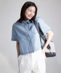 리 LEE 우먼 크롭 데님 반팔 셔츠 인디고 라이트