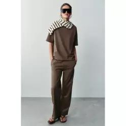 ZARA STRAIGHT 스트레이트-LEG 레그 COTTON 온 코튼 TROUSERS 트라우저스 바지 팬츠 - Mink 밍크 4174/630/