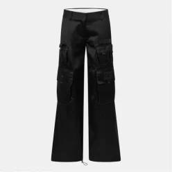 Off White 오프 화이트 새틴 단색 패턴 와이드 레그 카고 - 블랙 7628001