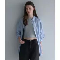 MUSINSA STANDARD WOMAN 우먼즈 오버사이즈 스트라이프 실키 셔츠 [블루]