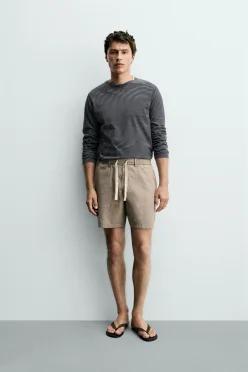 ZARA 코튼-린넨 릴렉스핏 버뮤다 팬츠 - Brown Stripes 4470/421/178