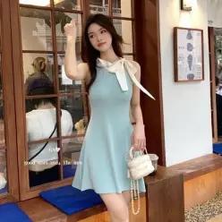 [하프클럽/]LS13700 2컬러 넥 리본 슬림핏 플레어 민소매 나시 미니 원피스 휴