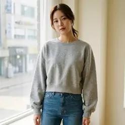 [셀러허브 패션]여자 세미크롭 무 맨투맨 라운드넥 기본티 루즈핏 긴팔 티셔츠 (53471087)