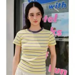 MUSINSA STANDARD WOMAN 우먼즈 리브드 멀티 스트라이프 슬림 티셔츠 [옐로우]