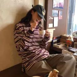[정품] 코드그라피 (우먼) 스트라이프 카라 롱슬리브_버건디