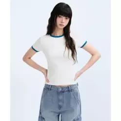 MUSINSA STANDARD WOMAN 우먼즈 슬림 크루 넥 링거 티셔츠 [크림/블루]