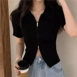 [라일리여성의류] Rly 니트 티셔츠 카라 아크릴 상의 리브 짧은 집업