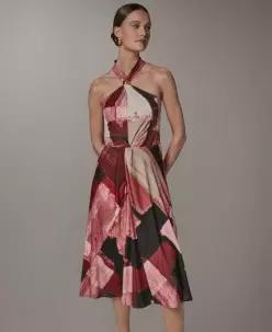 Donna Karan New York 쁘띠 기하학 프린트 홀터 넥 미디 드레스 1073890