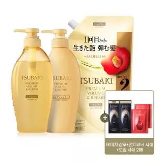 츠바키 프리미엄 볼륨 앤 리페어 샴푸 + 컨디셔너 + 샴푸 리필 600ml + 츠바키 샤쉐 4매
