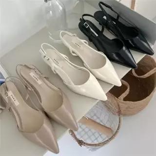 여성 슬링백 샌들 뾰족코 힐 샌들 로우힐 스틸레토 펌프스 여름 패션 베이직 스트랩