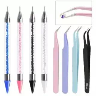 크레용 스테인레스 스틸 핀셋 네일 아트 접목 속눈썹 매니큐어 도구와 양면 다이아몬드 펜 2Pcs 세트