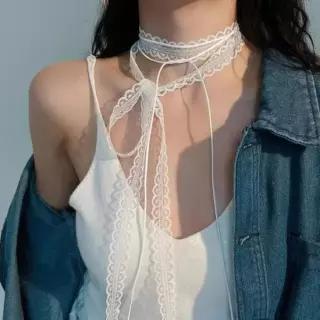 여성 코디 아이템 여리여리 핏 레이스 리본 레이어드 두줄 초커 스카프 쁘띠스카프