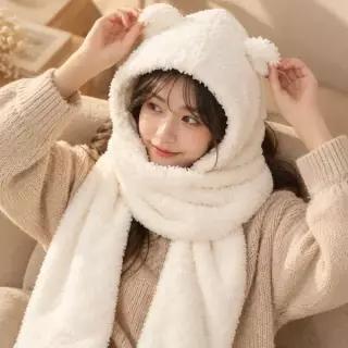 [하프클럽/]털모자 여성 따뜻한 뽀글이 후드 머플러 곰돌이