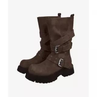 블랙 퍼플 BLACK PURPLE 러스크 숏 스트랩 슬라우치드 부츠 브라운 Rusk Short Strap Slouched Boots Brown