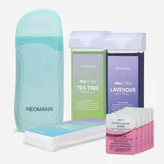 티트리 라벤더 헤어 제거용 50 왁스 스트립이 포함된 NEOMANN 롤온 롤러 키트 - 토로라피 6가지 포스트