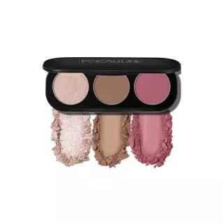 FOCALLURE 블러쉬 및 하이라이터 팔레트, 3 in 1 컨투어 크루얼티 프리 매트 브론저 파우더, 빛나는 룩을