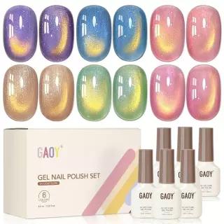 GAOY Glassy Nude 캣아이 젤 네일 폴리쉬 키트, 자석 포함, 6가지 색상 핑크 퍼플 글리터 홀로그램 매니큐