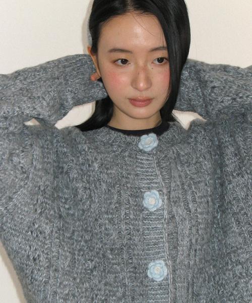 HANDMADE FLOWER BUTTON KNIT CARDIGAN GREY