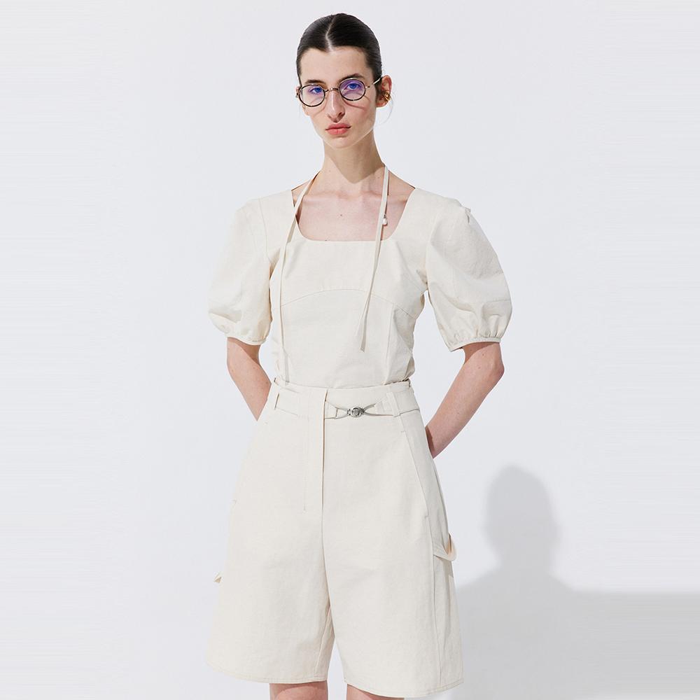 Belted Cotton Bermuda Pants_Cream