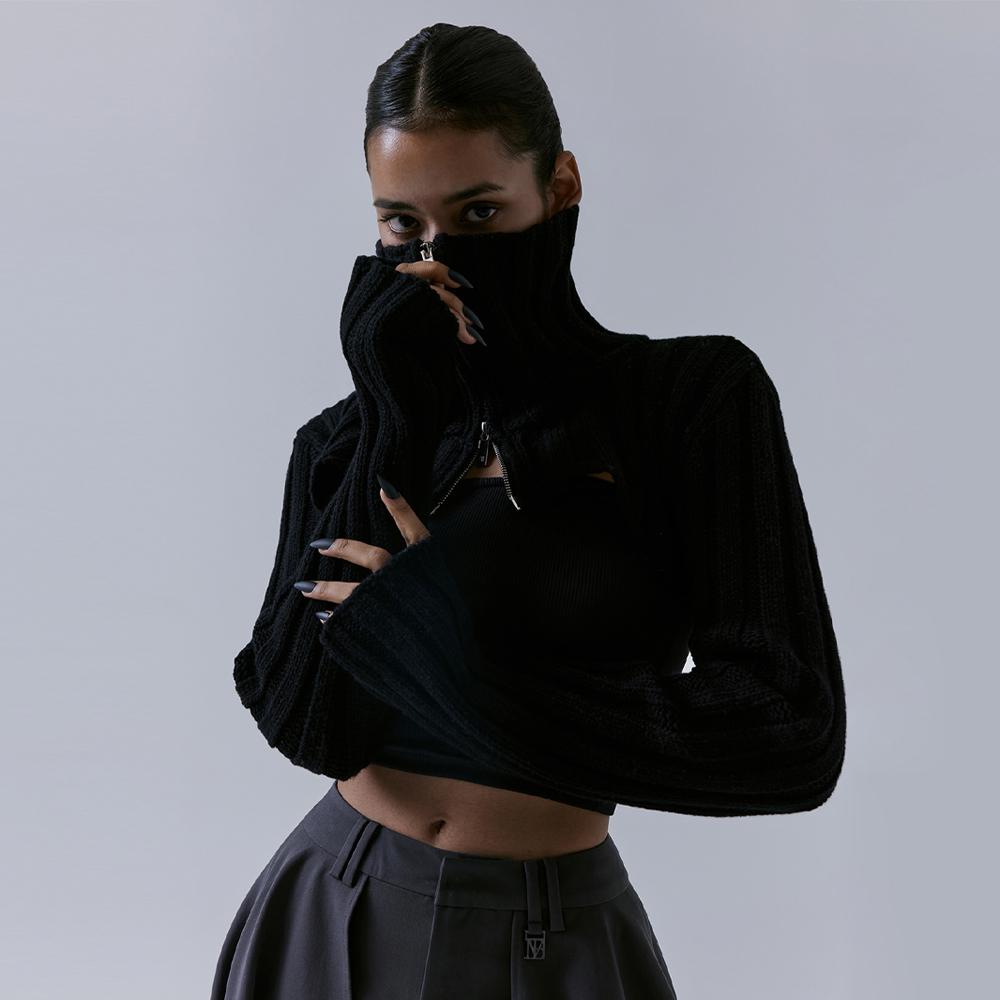 High-neck Bolero Knit Zip-up [ Black ]