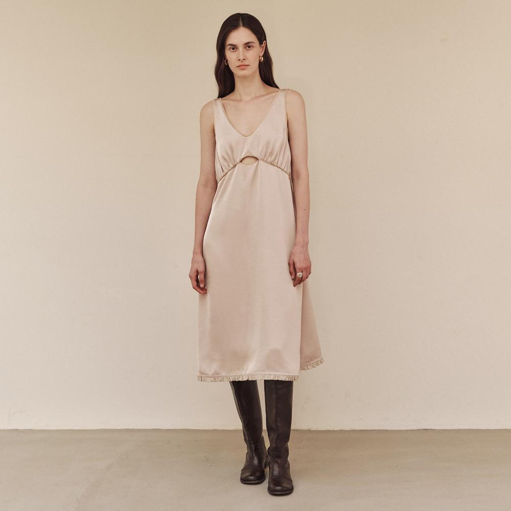Emma Satin Shirring Dress_Peachy Beige
