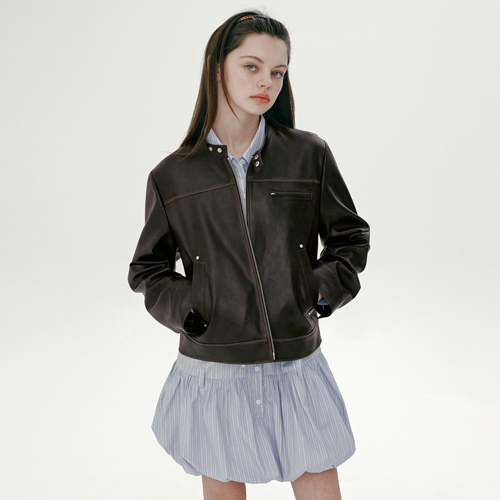 RIVET WASHED FAKE LEATHER JACKET (BROWN)