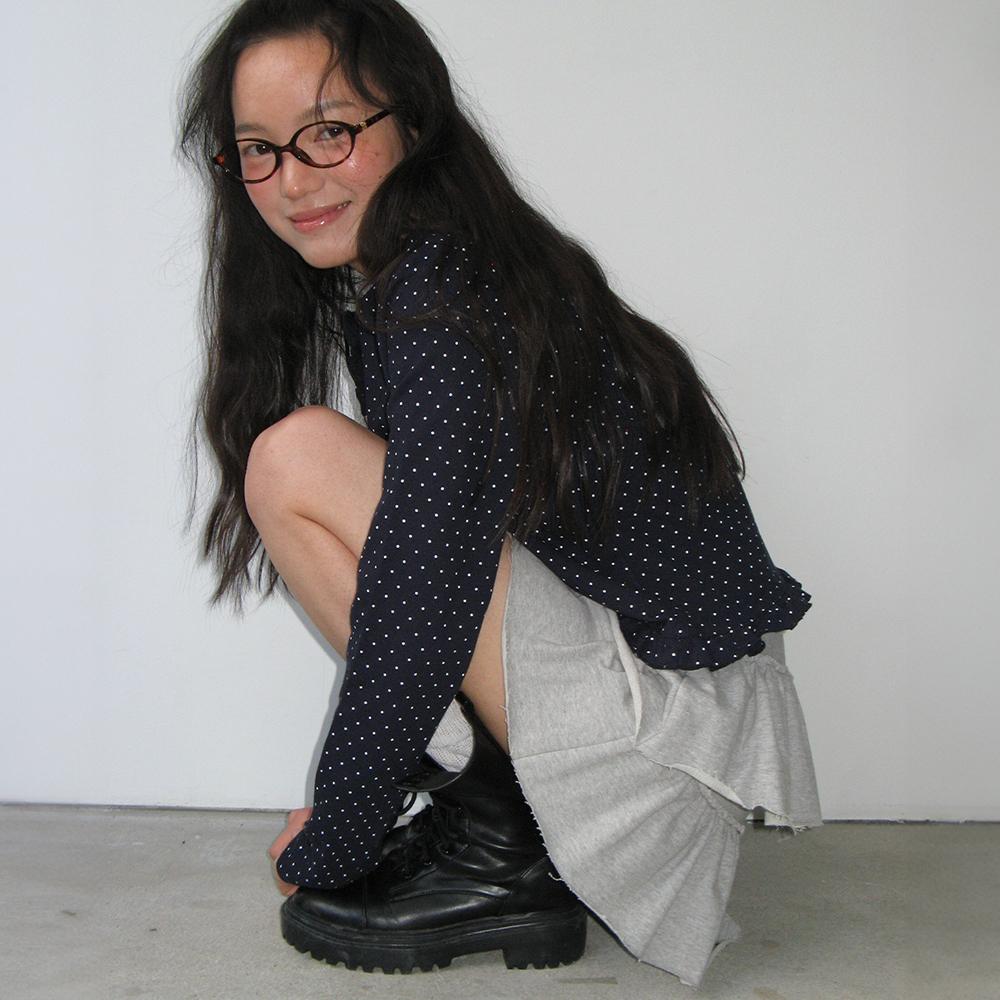DOT RUFFLE LONG SLEEVE T SHIRT NAVY