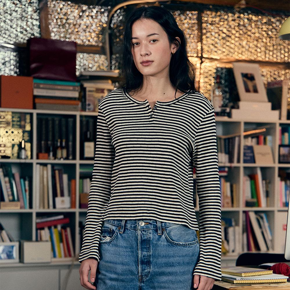 Button Long Sleeve T-shirt Stripe Black_F244TS01