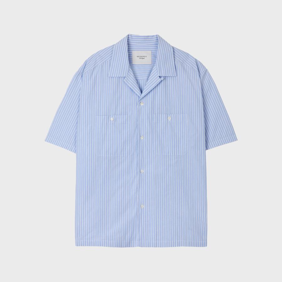 Open-Collar Short-Sleeve Shirt - Sax Stripe
