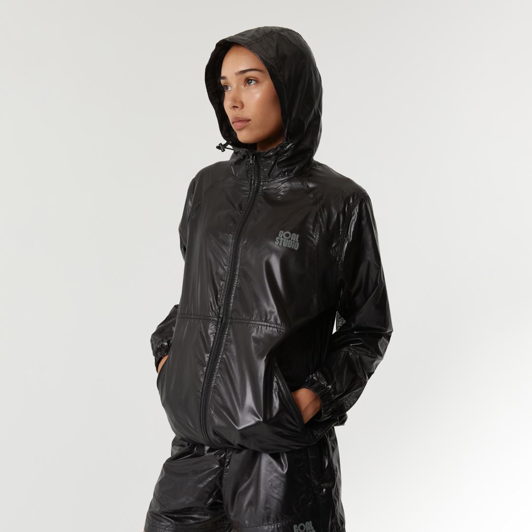 GLOSSY HOODED LIGHTWEIGHT JACKET-BLACK