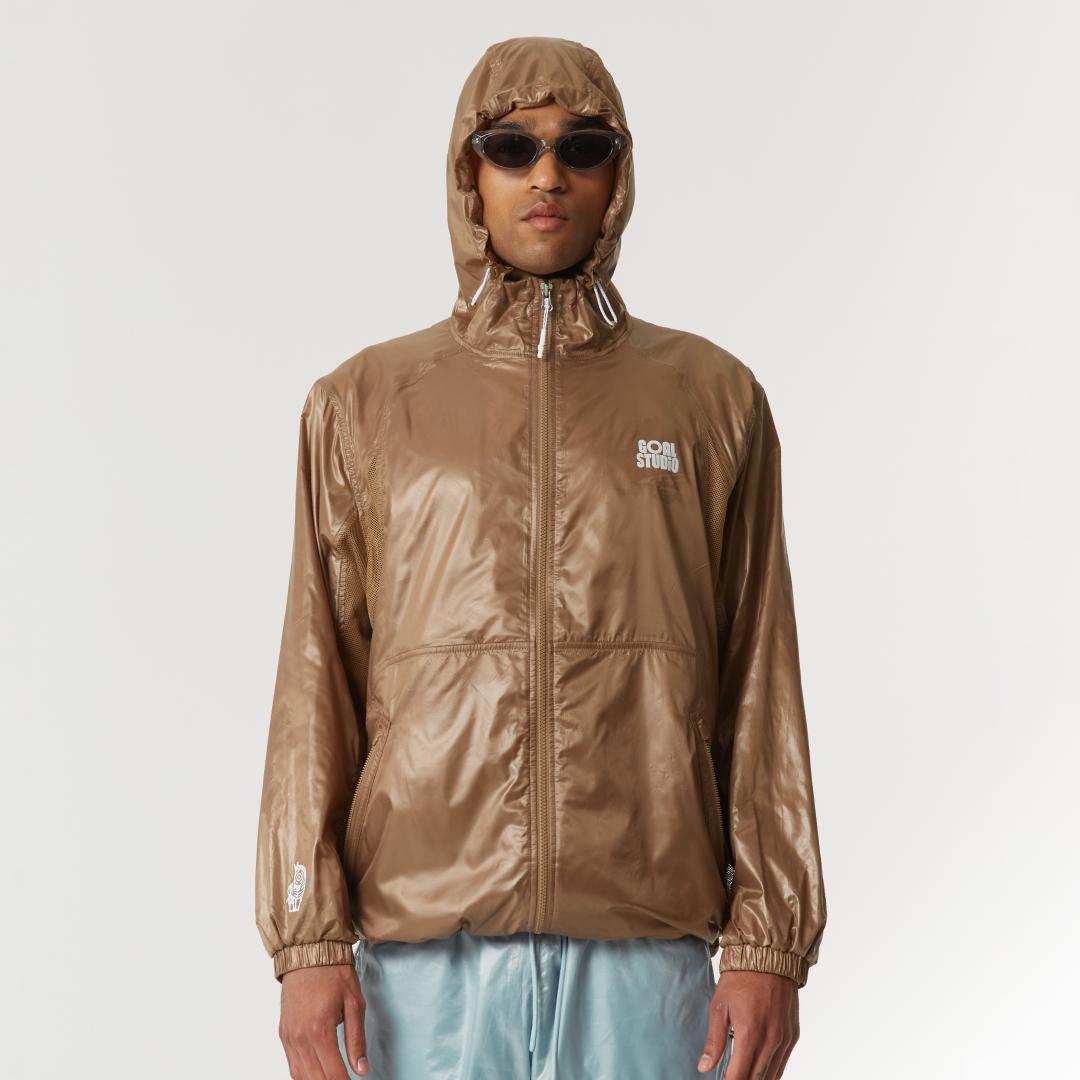 GLOSSY HOODED LIGHTWEIGHT JACKET-BROWN