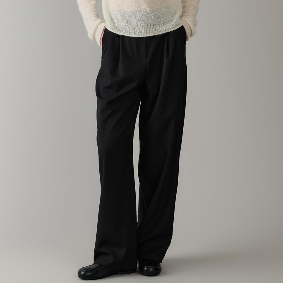 wool tuck curved pants (black)