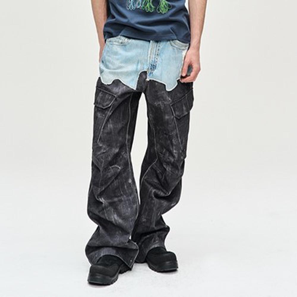 FAUX-DENIM & SCRATCH LEATHER PRINTED CARGO-PANTS apa703m(DENIM/BLACK)