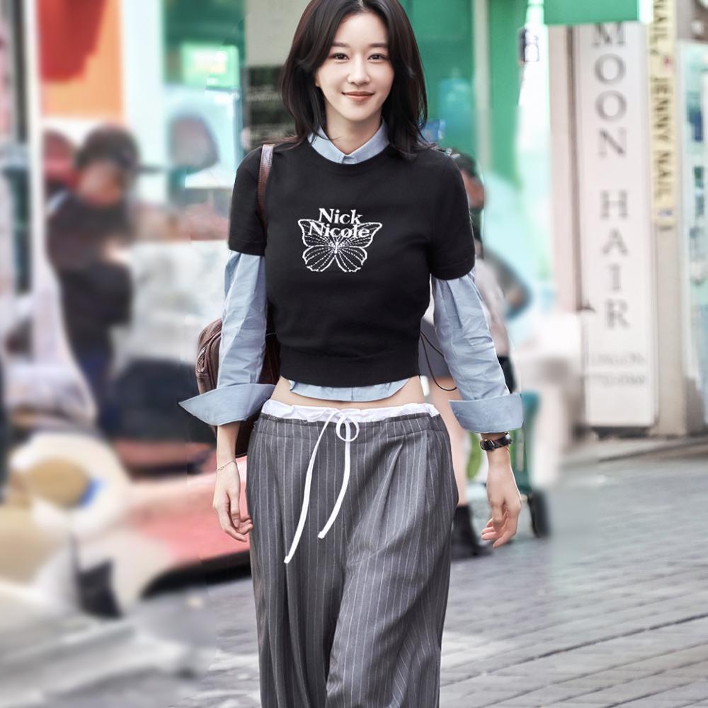[서예지 PICK] STRIPE LAYERED PINTUCK SLACKS_CHARCOAL
