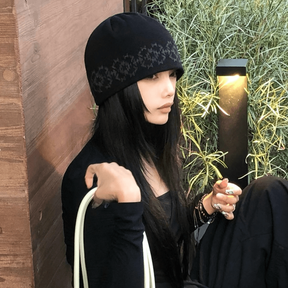 Ethnic Jacquard Maxi Beanie Black
