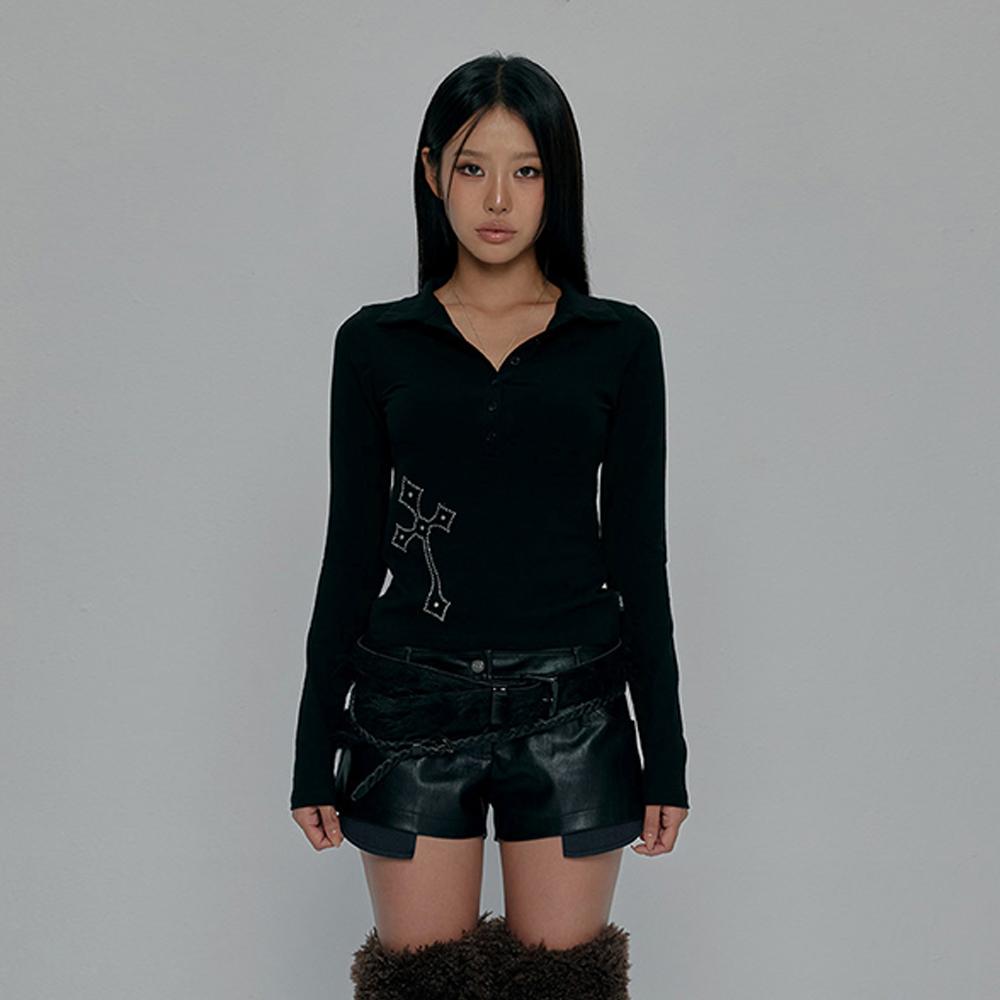 CROSS BUTTON COLLAR LONG SLEEVE_BLACK
