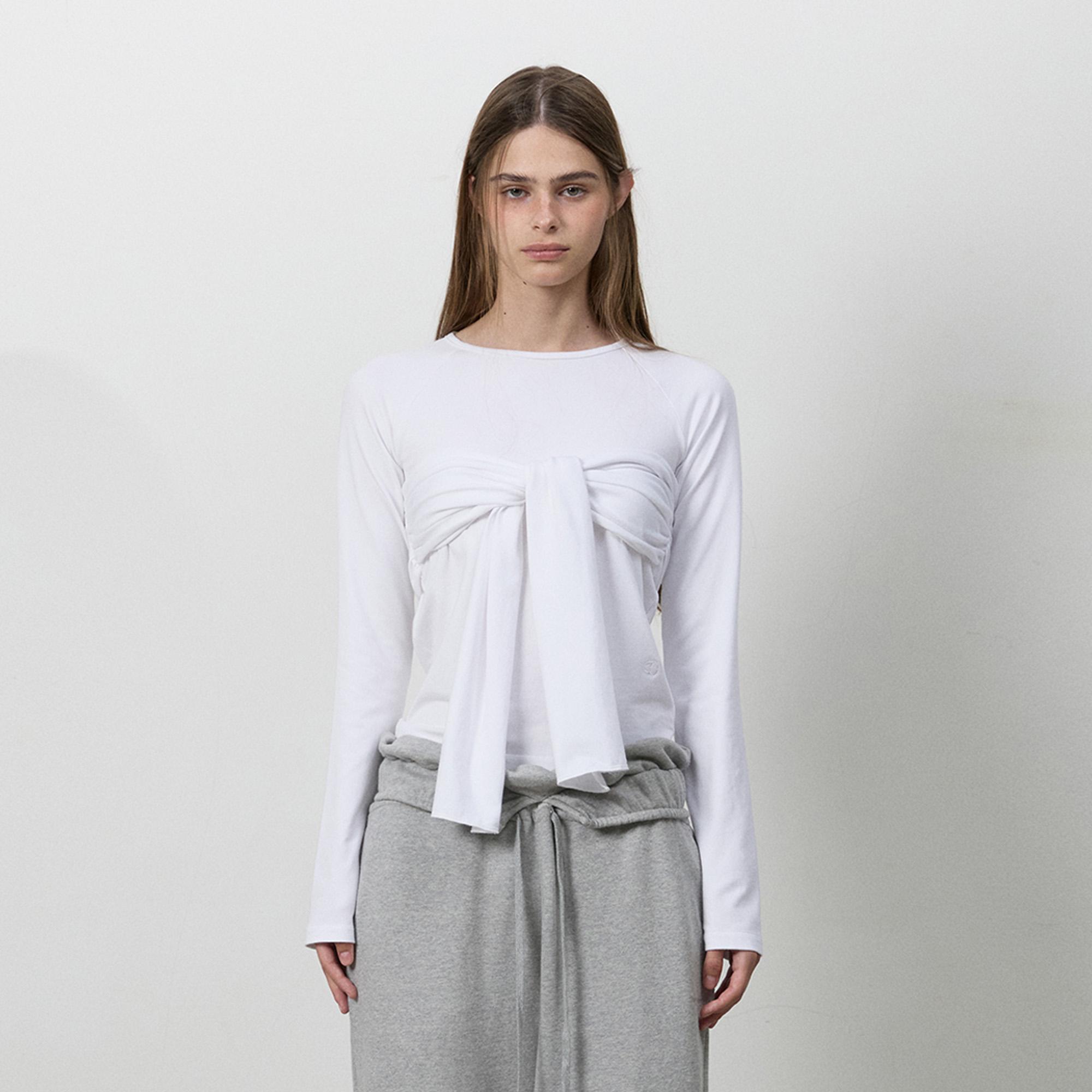 RIBBON DRAPE LONG SLEEVE TEE WHITE