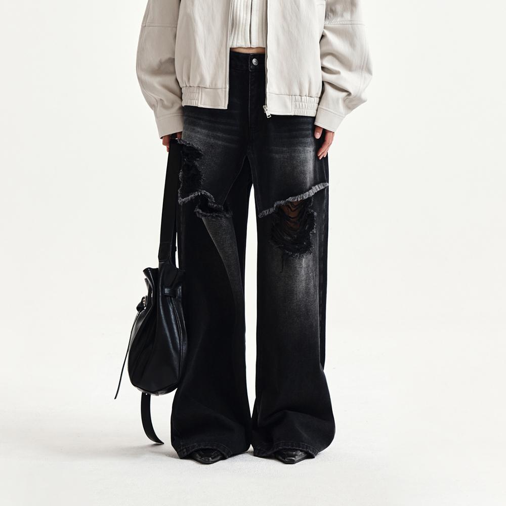 FRONT LAYERED DISTRESSED DENIM PANTS IN BLACK