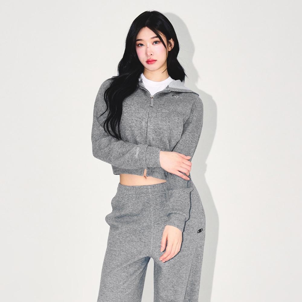 W KNIT LIKE SEMI CROP HOODIE ZIP-UP [MELANGE GREY]