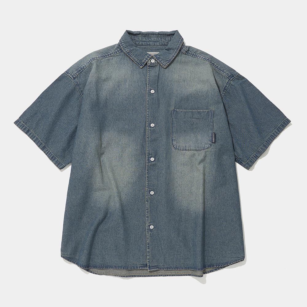 SPRAY WASHED ONE POCKET DENIM S/S SHIRTS_LIGHT JEAN