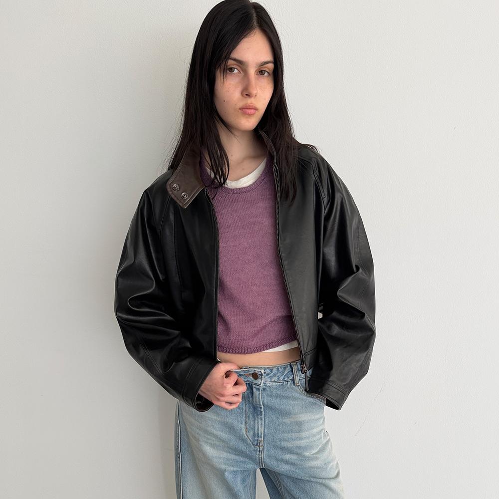 STAND COLLAR ARTIFICIAL LEATHER JUMPER_BLACK [LW265JP03BK]